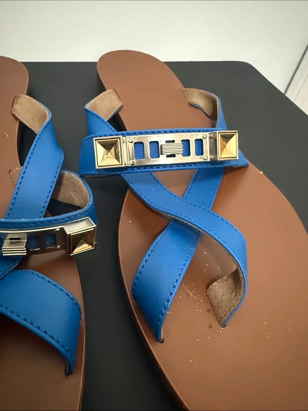 Proenza Schouler Blue Leather Crisscross w/ Toe Ring Slide Sandals - Women's